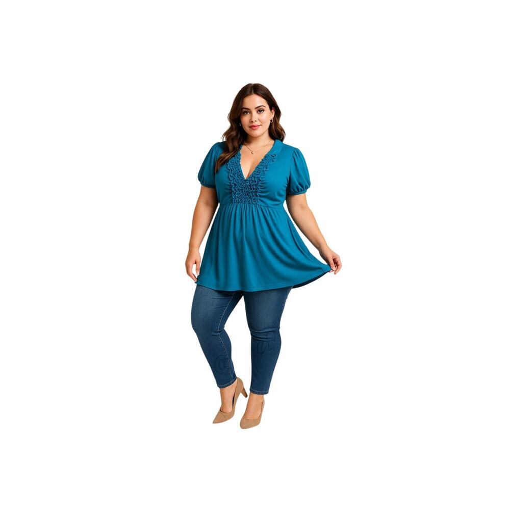 Heart & Soul Blue Ruffle‎ Front Puff Sleeve Tunic Top 3X